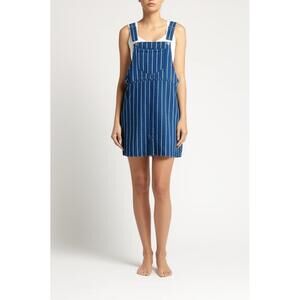 FOREVER 21 Womens Pinafore Dress L Blue Striped Denim Adjustable Strap Retro Y2K